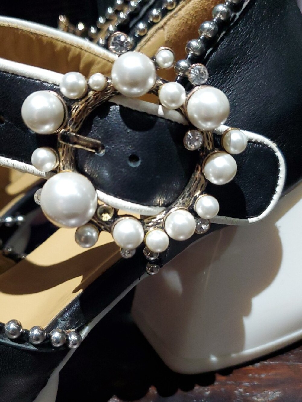 John Fluevog Black White Pearl-Embellished Leather Heels W Studs Platform Chunky - Picture 6 of 15